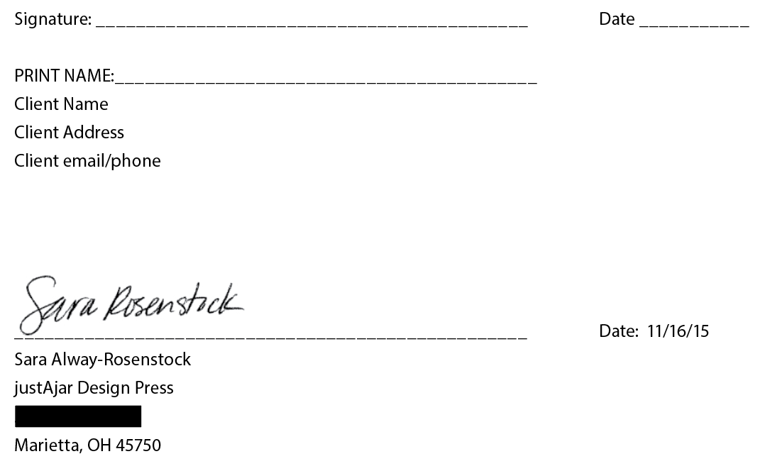 Sample signature section: lines for the client&rsquo;s signature, date, printed name, client name, address and email/phone, followed by the designer&rsquo;s pre-signed signature with name, business name, address and date.