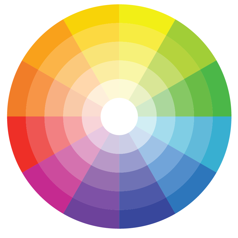 A full color wheel showing twelve hues, each with lighter tints toward the center.