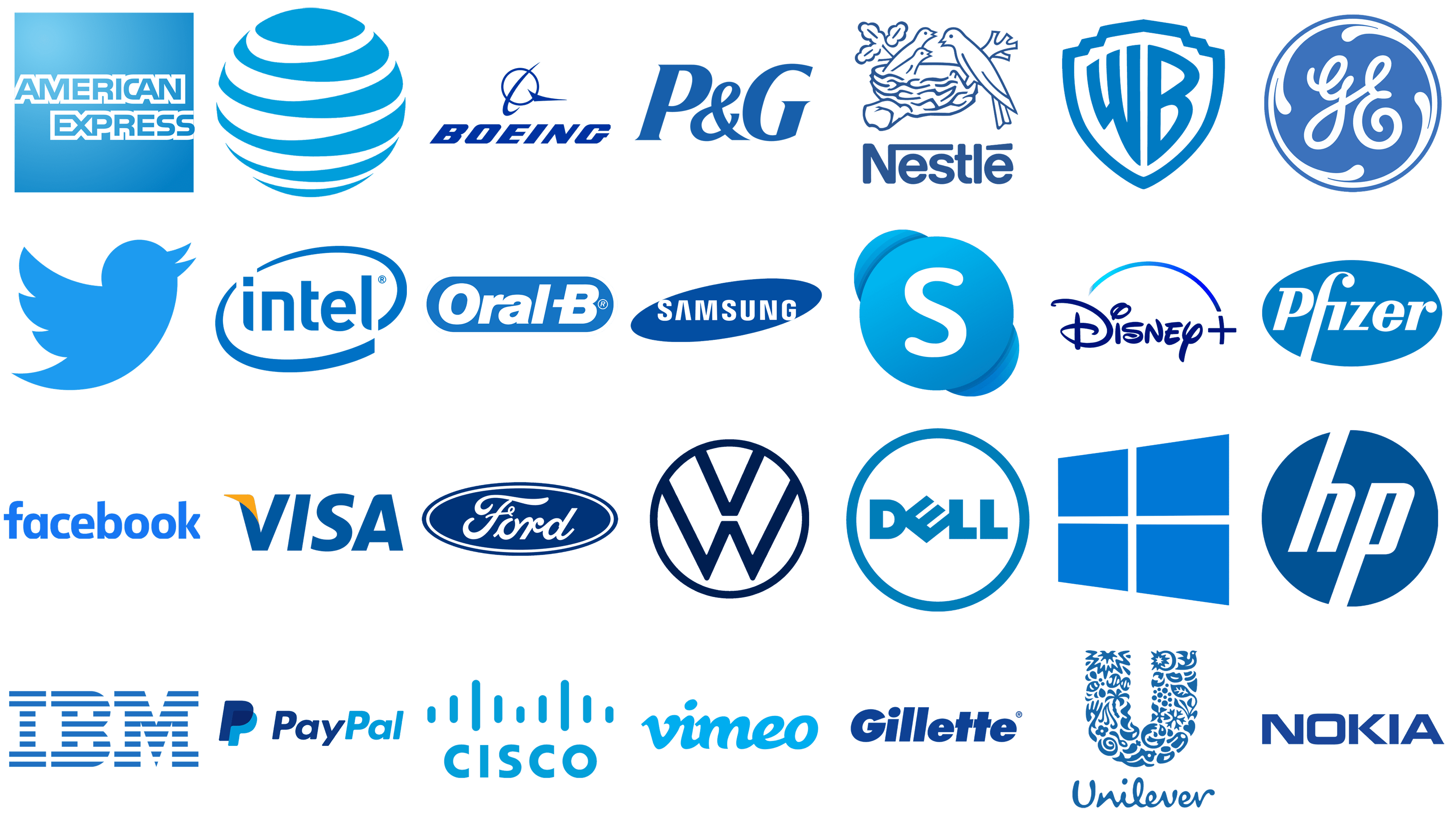 Logos that use blue, including Facebook, Twitter, Visa, Ford, IBM and Dell.