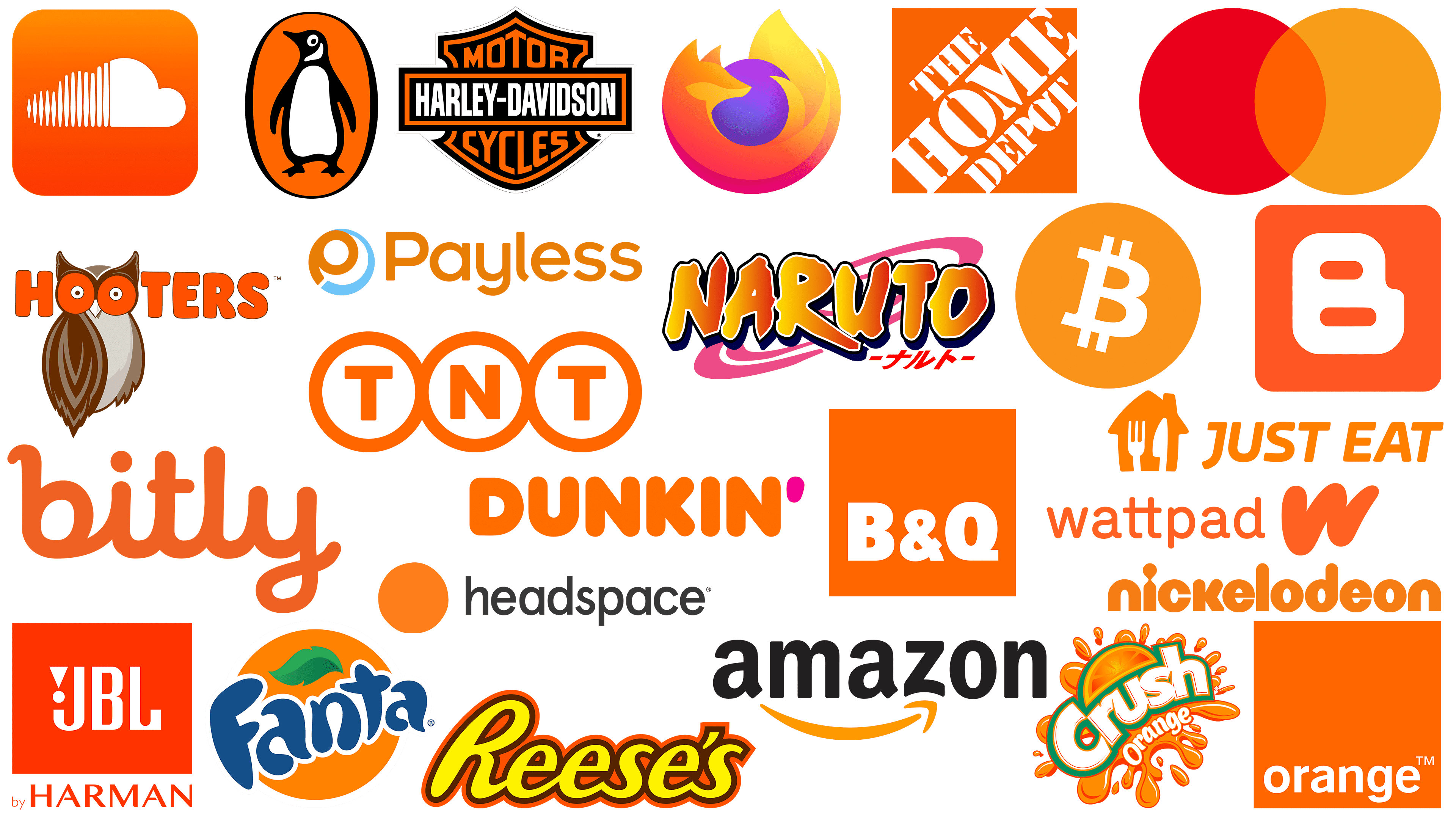 Logos that use orange, including Amazon, Nickelodeon, Fanta and The Home Depot.