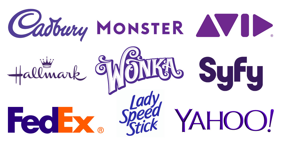 Logos that use purple, including Cadbury, Hallmark, FedEx, Yahoo and Syfy.