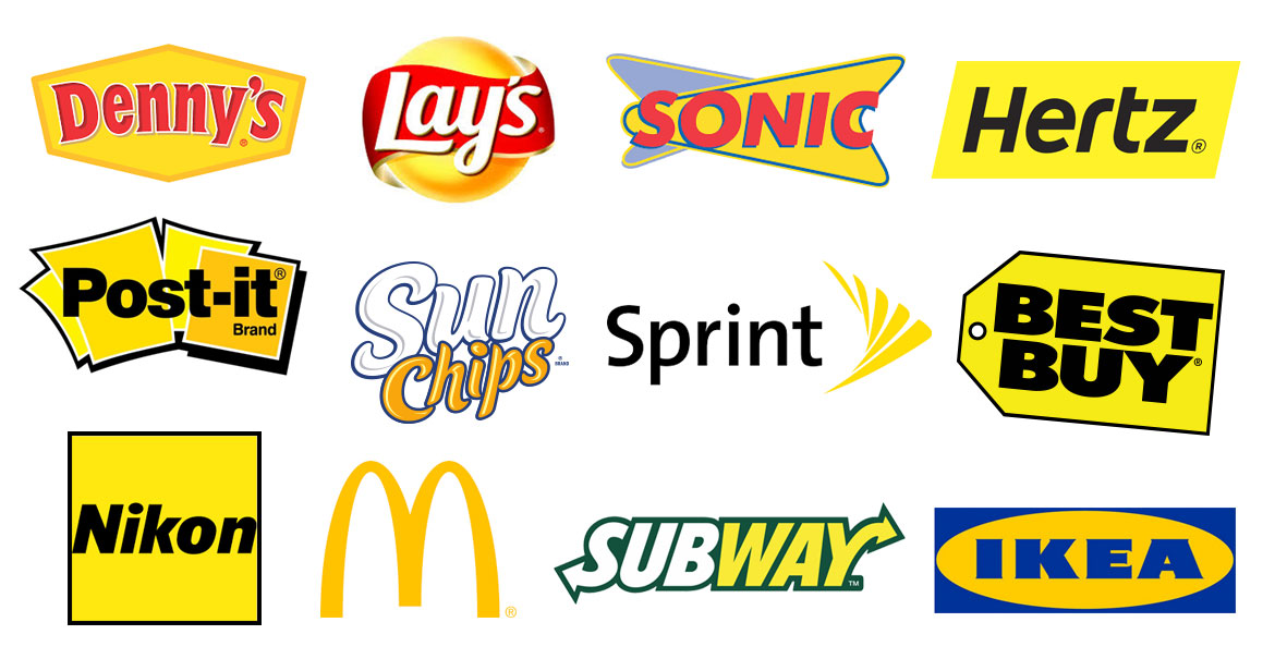 Logos that use yellow, including McDonald’s, Post-it, Best Buy, IKEA and Subway.
