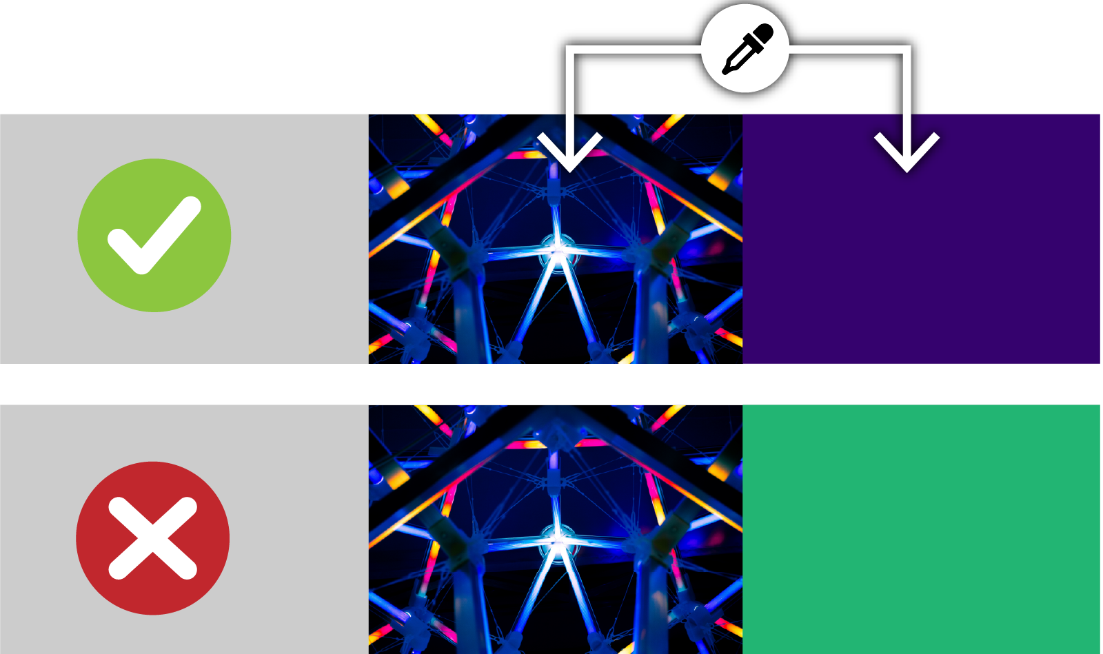 Two versions of a photo with a color block beside it. A purple sampled from the photo is marked correct; an unrelated green is marked wrong.