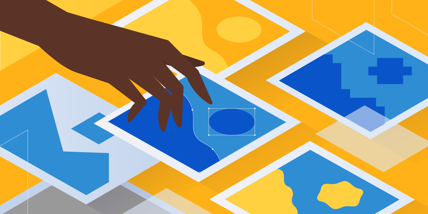 A hand arranging colorful tiles that form a pixelated pattern.