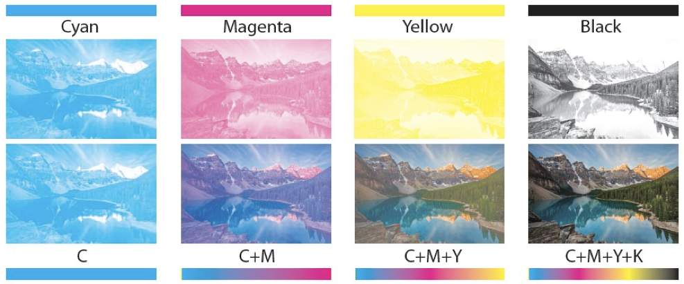 A landscape printed in cyan only, then cyan plus magenta, then plus yellow, then plus black, building up to full color.