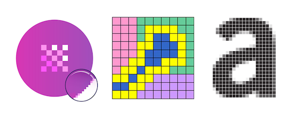 A circle, a squiggle and a letter a, each zoomed in to show jagged square pixels.