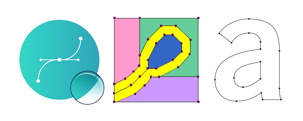 The same circle, squiggle and letter a drawn with smooth outlines and anchor points.