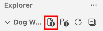 VS Code Explorer panel with the pointer over the folder name, showing the New File and New Folder icons