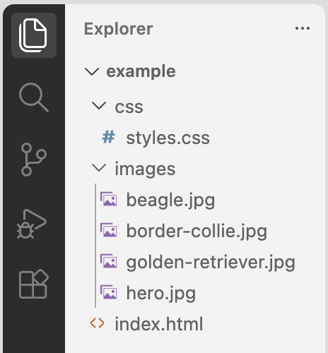 VS Code Explorer panel showing a project folder with an images folder and an index.html file