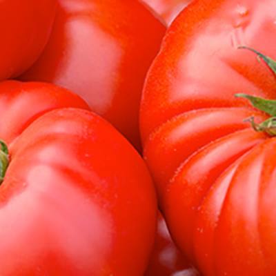Red beefsteak tomatoes stacked together (detail, lower right)