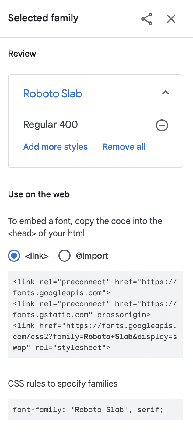 Google Fonts embed code panel showing link tags and the CSS font-family rule