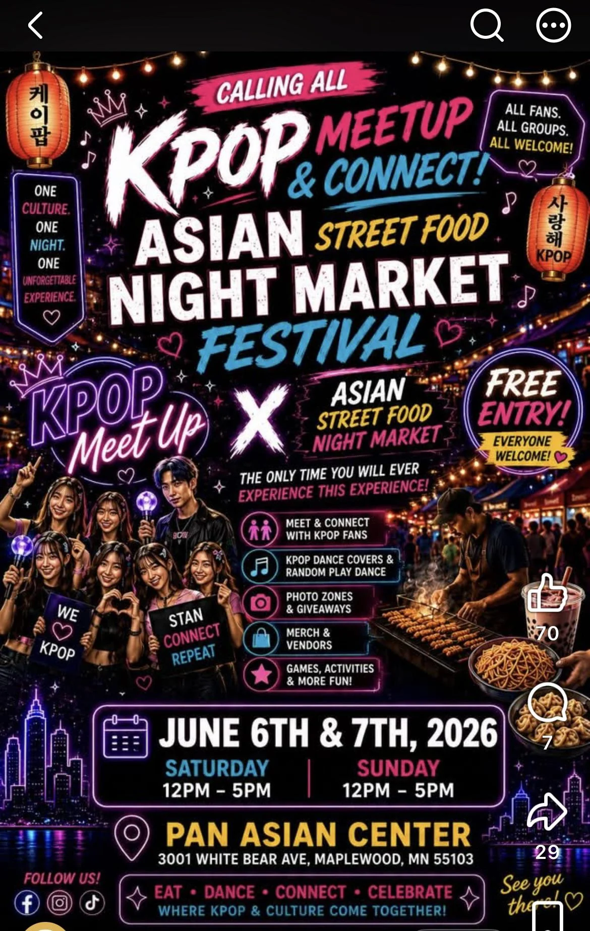 An AI-generated poster for a KPOP Meetup and Asian Street Food Night Market Festival: neon pink, blue, yellow and white lettering on black, glowing badges, string lights, a city skyline, a crowd of smiling fans, a food vendor, an icon list, and date and location boxes.