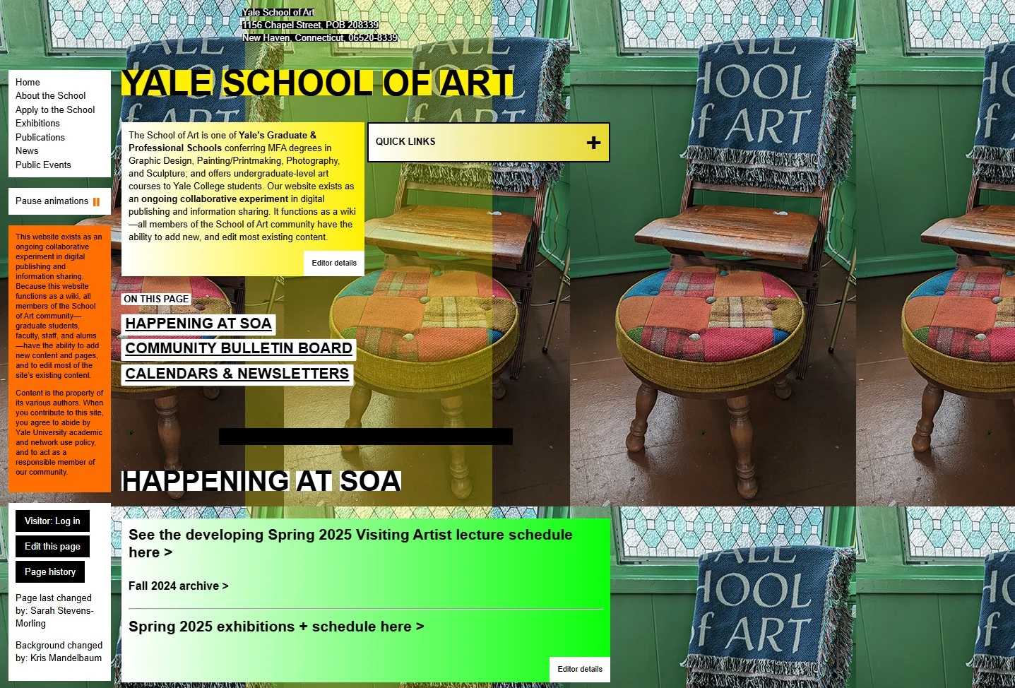 The Yale School of Art website: a repeating photo of a chair fills the background behind a bright yellow headline, a yellow text box, an orange sidebar, a lime green news box and several black-and-white link boxes.