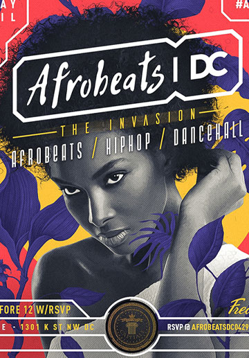 Poster for Afrobeats DC with a large illustrated portrait and the title at the top.
