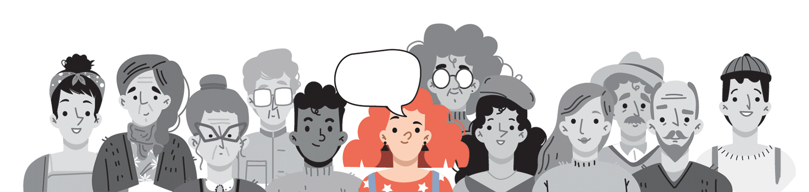 An illustrated crowd of people in gray, with one person in color speaking up.