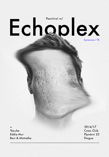 Poster with the word Echoplex above a black-and-white photo of a crumpled face.