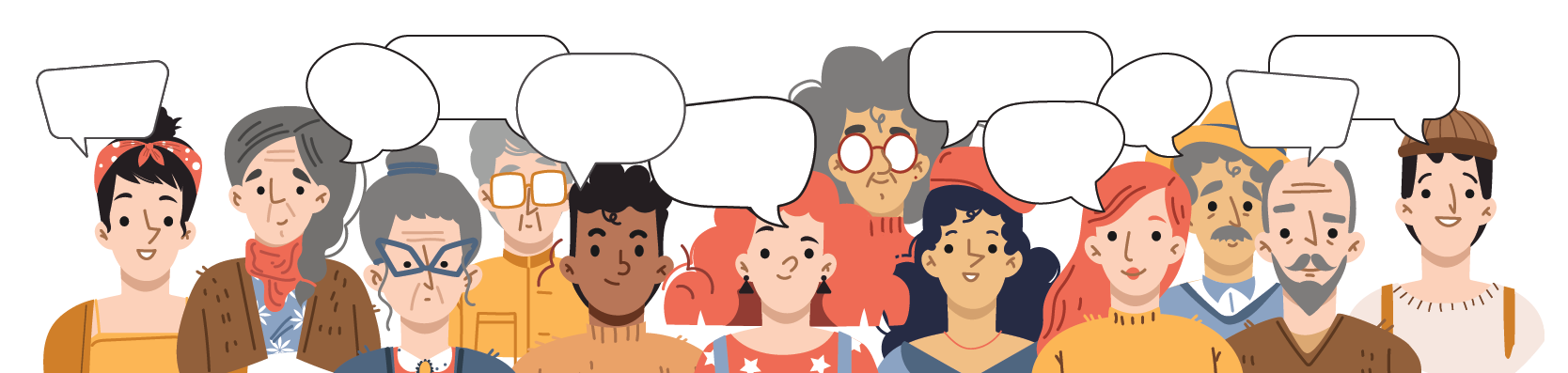 An illustrated crowd of people with speech bubbles, some larger than others.