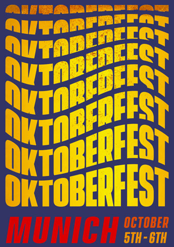 Poster with the word Oktoberfest repeated in yellow, with Munich and the dates in red at the bottom.