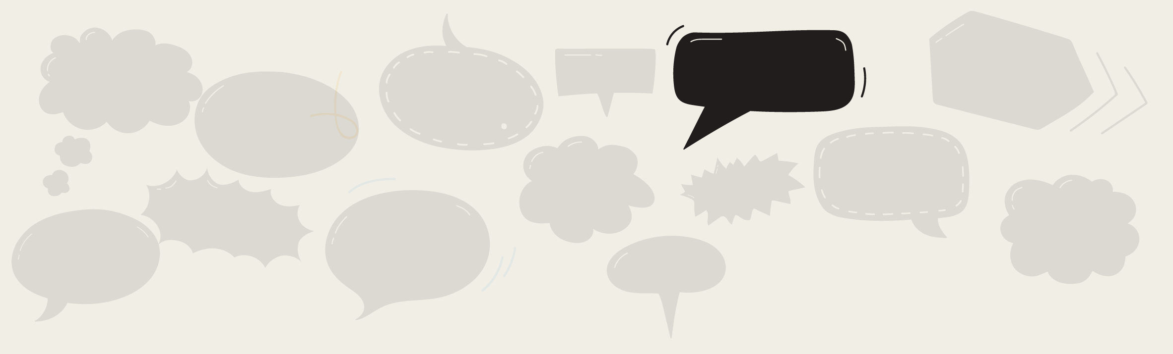 A cluster of gray speech bubbles with one black speech bubble standing out.