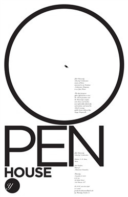 Poster where a huge letter O and the word PEN spell OPEN, with small text beside it.
