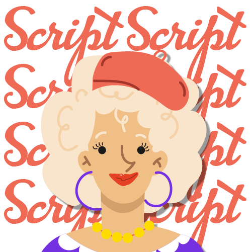 Cartoon woman with big earrings in front of the word Script.