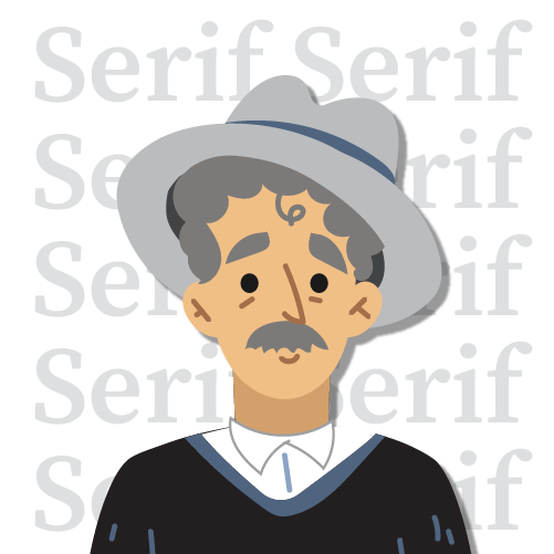 Cartoon man in glasses and a hat in front of the word Serif.